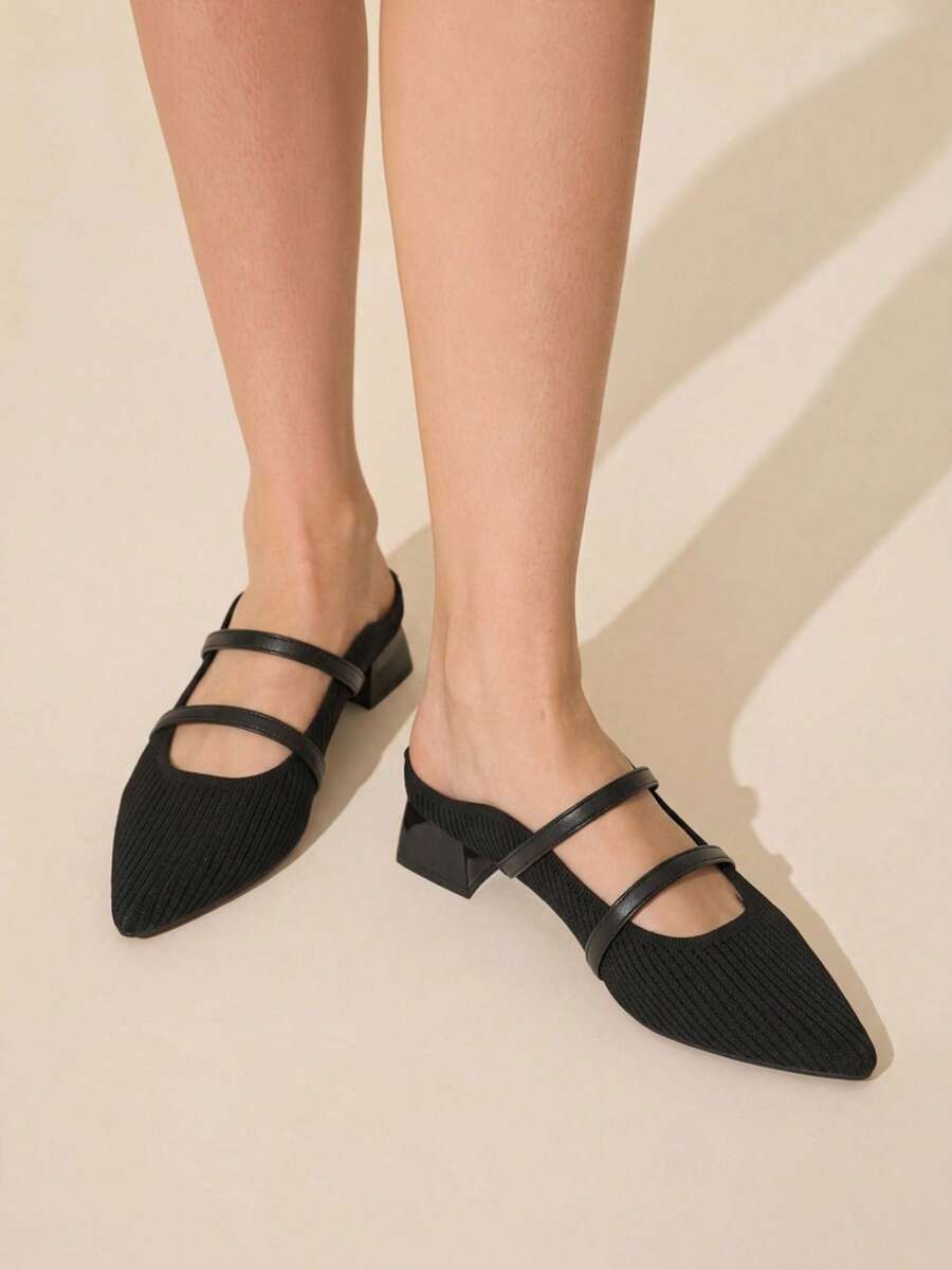 CUCCOO BASICS French Pointed Fabric Closed Toe Slippers Women's Summer Wear Double Thin Strap Thick Heel Sandals Knitted Mules Shoes Black Fall Shoes - Black - View 1