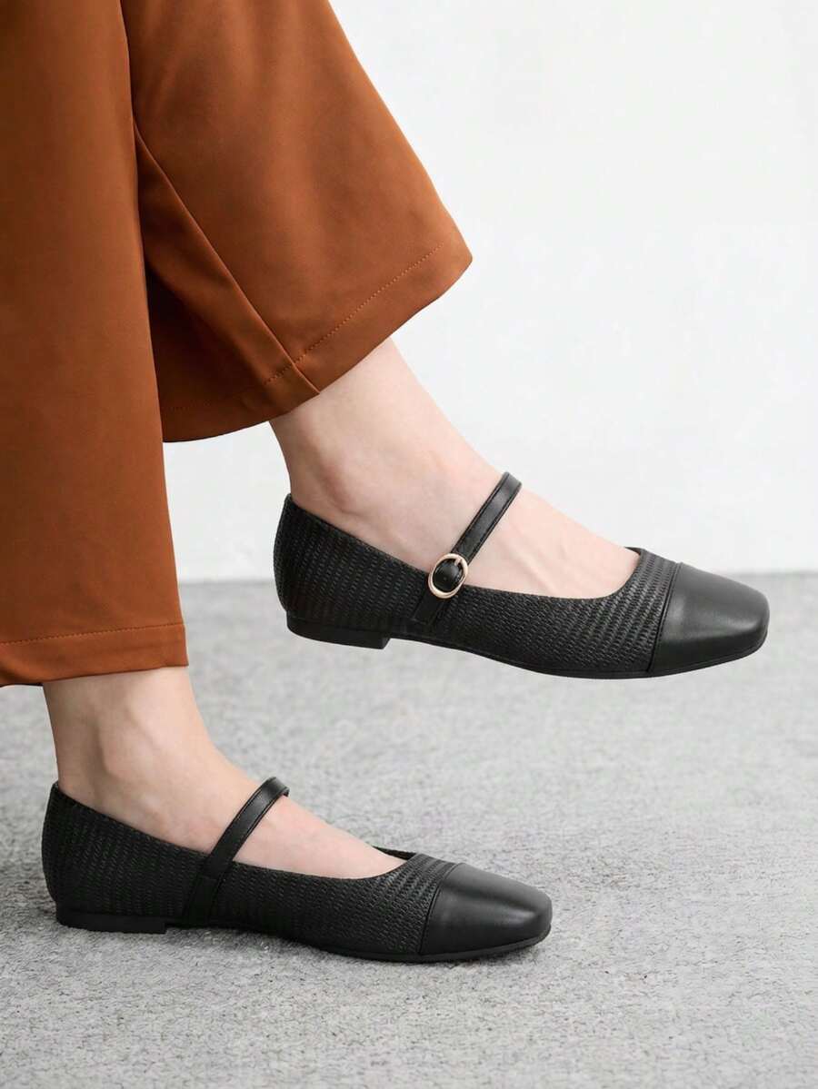 CUCCOO BIZCHIC Women's Colorblock Square Toe Buckle Strap Flat Mary Jane Shoes For Christmas Spring Shoes Fall Shoes - Dark black - View 1