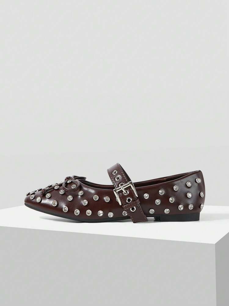 MOTF PREMIUM WOMEN'S FASHION RHINESTONE RIVET BOW COFFEE FLAT BOTTOM ROUND TOE SHOES VERSATILE - Coffee 1 - View 1