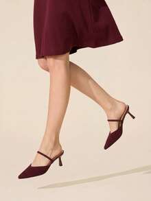 CUCCOO BASICS Women's Pointed Toe Burgundy Knit V-Cut Backless High Heel Pumps, Elegant Breathable Daily Commute Shoes - Burgundy - View 6