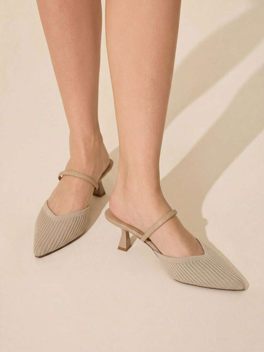 CUCCOO BASICS Women's Fashion Pointed V-Cut Fabric Woven Striped Surface. 3 Elastic Rear Strap Empty Shoes. Painted Medium-High Wine Glass Heel, Breathable Fall Shoes - Khaki - View 1