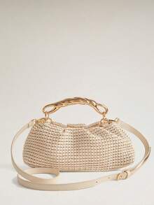Wovira Ladies Fashion Light Apricot Handbag, Exquisite Hardware Handheld, Vintage Hollow Weave, For Daily, Commuting, Shopping, Vacation, Travel, Bohemian - Apricot - View 6