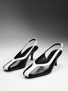 SHEIN SHUZIA Sepatu Hak Tinggi Sol Tunggal Ujung Persegi dengan Blok Warna Terbaru untuk Wanita - Hitam dan Putih - View 8