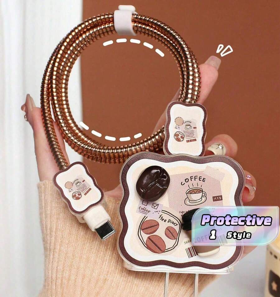 Set Pelindung Charger 5 Bagian dengan Desain Cangkir Kopi dan Biji Kopi, Kompatibel dengan Charger Apple 18W/20W, Termasuk Tali Pelindung Kabel Charging, Pelindung Kepala Charging, Klip Penyimpanan, Bahan TPU, Versi Korea, Pelindung Kabel Lucu, Pelindung Charger - Coffee Brown - View 1