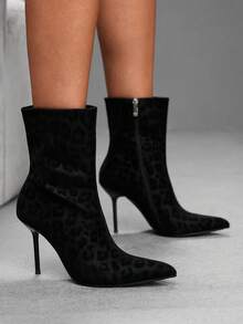 CUCCOO SZL Leopard Print Pointed-Toed Thin-Heeled Short Boots For Women, Rear Zipper High-Heeled Slim Ankle Boots - Black leopard print booties - View 4