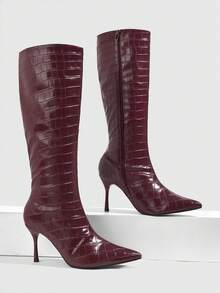 CUCCOO SZL Autumn And Winter Burgundy Pointed Thin Heels High Boots Retro Thin Commuting Wear Fall Boots - Burgundy - View 2