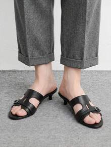CUCCOO BIZCHIC Black Belt Buckle Hollow Kitten And Sandals, Women's Simple Commuting Slippers - Black - View 4