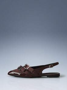 CUCCOO GRLICON Splicing Cross Belt Design Pointed Flat Sandals Brown PU Leather Sardine Versatile Low Heel Shoes Women, Suitable For Commuting, Office - Brown - View 3