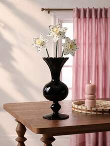 Cirelle 1Pc Vintage Black Glass Pedestal Vase, Wavy‑Rim Goblet‑Style Floral Vessel, Glossy Retro Table Centerpiece, Decorative Flower Holder For Living Room, Entryway & Event Table Styling - default - View 5