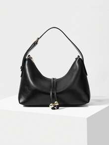 MOTF WOMEN'S FASHION BLACK HANDBAG, EXQUISITE BALL DECORATION, SIMPLE BAG ZIPPER BAG, FOR DAILY, COMMUTING, SHOPPING, TRAVEL - Black - View 3