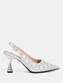 CUCCOO TILAWA Pearl Decoration Silver Sparkling Rhinestone Elegant Temperament Sexy Pointed Women's High Heels - Exquisite Design With Buckle, Using The Design Of T - Silver - View 4