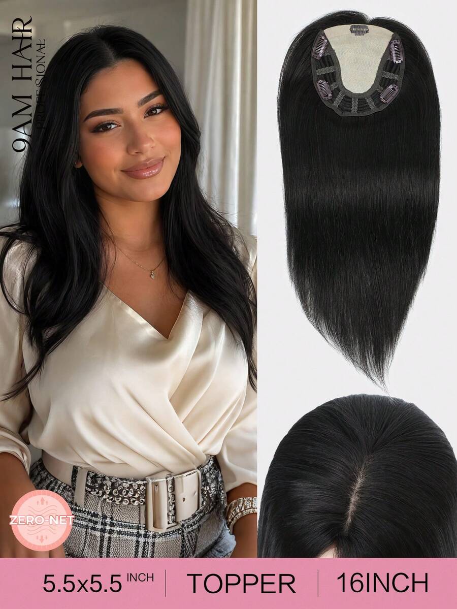 ZERO-NET Hair Toppers For Women Real Human Hair 16inch Human Hair Toppers For Women 5.5x5.5" Base Size Toppers Hairpieces For Women - Natural Black - View 1