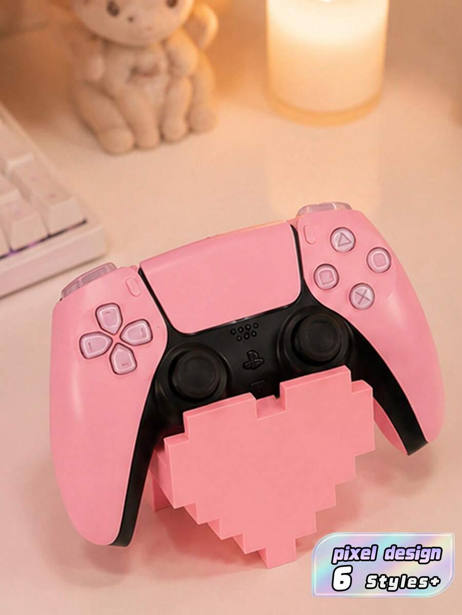 1Pc Vintage Heart Pixel Game Controller Stand, Pink & White, Non‑Slip Stable Base, Desktop Decor Accessory, Stand Only, Compatible With Game Controller - Multicolor - View 1