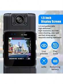 1 Kamera Tubuh Mini Cerdas yang Dapat Dipakai, Resolusi Full HD 1080P, Lensa yang Dapat Diputar 180 Derajat, Fungsi Penglihatan Malam, Layar IPS, Fungsi Pengisian Daya USB, Sudut Pandang Lebar 180 Derajat, Desain Klip Kerah, Cocok untuk Perjalanan, Bersepeda, - Hitam - View 2