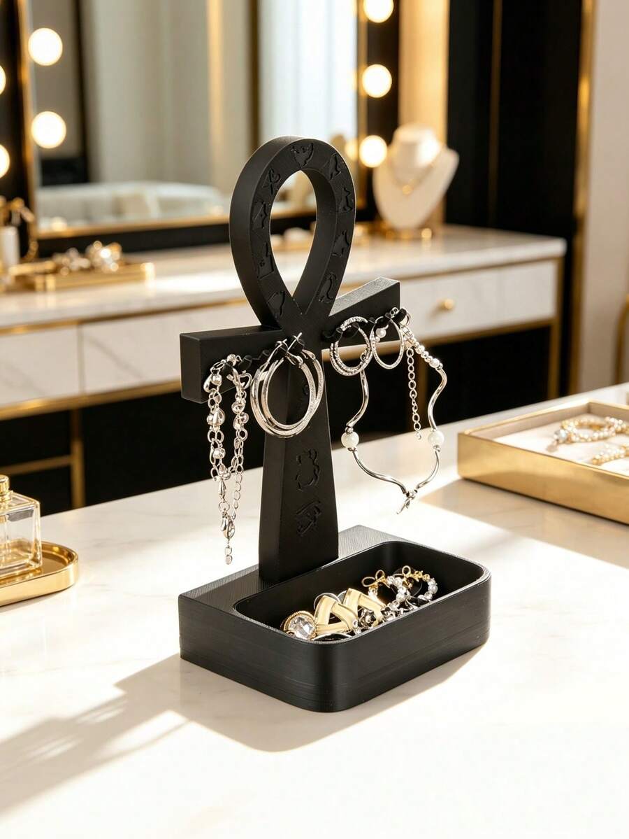 1PC Standard Size Ancient Egyptian Ankh Symbol Shaped Jewelry Organizer Stand With Holds Rings Earrings Necklaces Bracelets Compact Sturdy Non Slip Base Easy Access Desktop Storage Rack For Vanity Dresser Bedroom Office Home Decor Essential - Black - View 1
