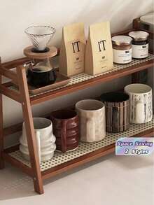 1pc Bamboo Double-Layer Storage Rack, Tea Cup Coffee Cup Holder, Spice Rack, Flower Stand Bookshelf, Suitable For Kitchen, Office, Other Places, Fast Drainage And Ventilation, Moisture-Proof And Mold-Resistant, Space Saving, Storage, Organizer, Decor - Multicolor - View 1