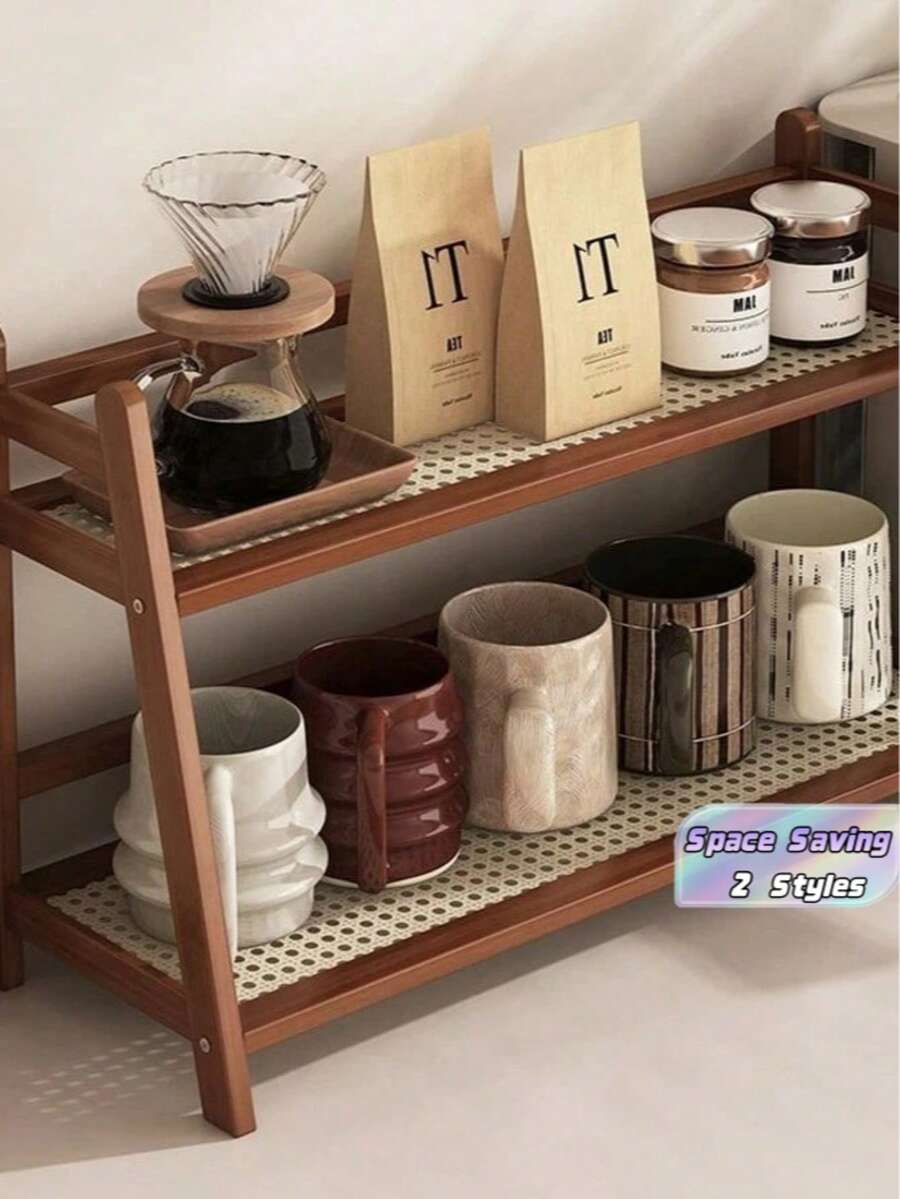 1pc Bamboo Double-Layer Storage Rack, Tea Cup Coffee Cup Holder, Spice Rack, Flower Stand Bookshelf, Suitable For Kitchen, Office, Other Places, Fast Drainage And Ventilation, Moisture-Proof And Mold-Resistant, Space Saving, Storage, Organizer, Decor - Multicolor - View 1