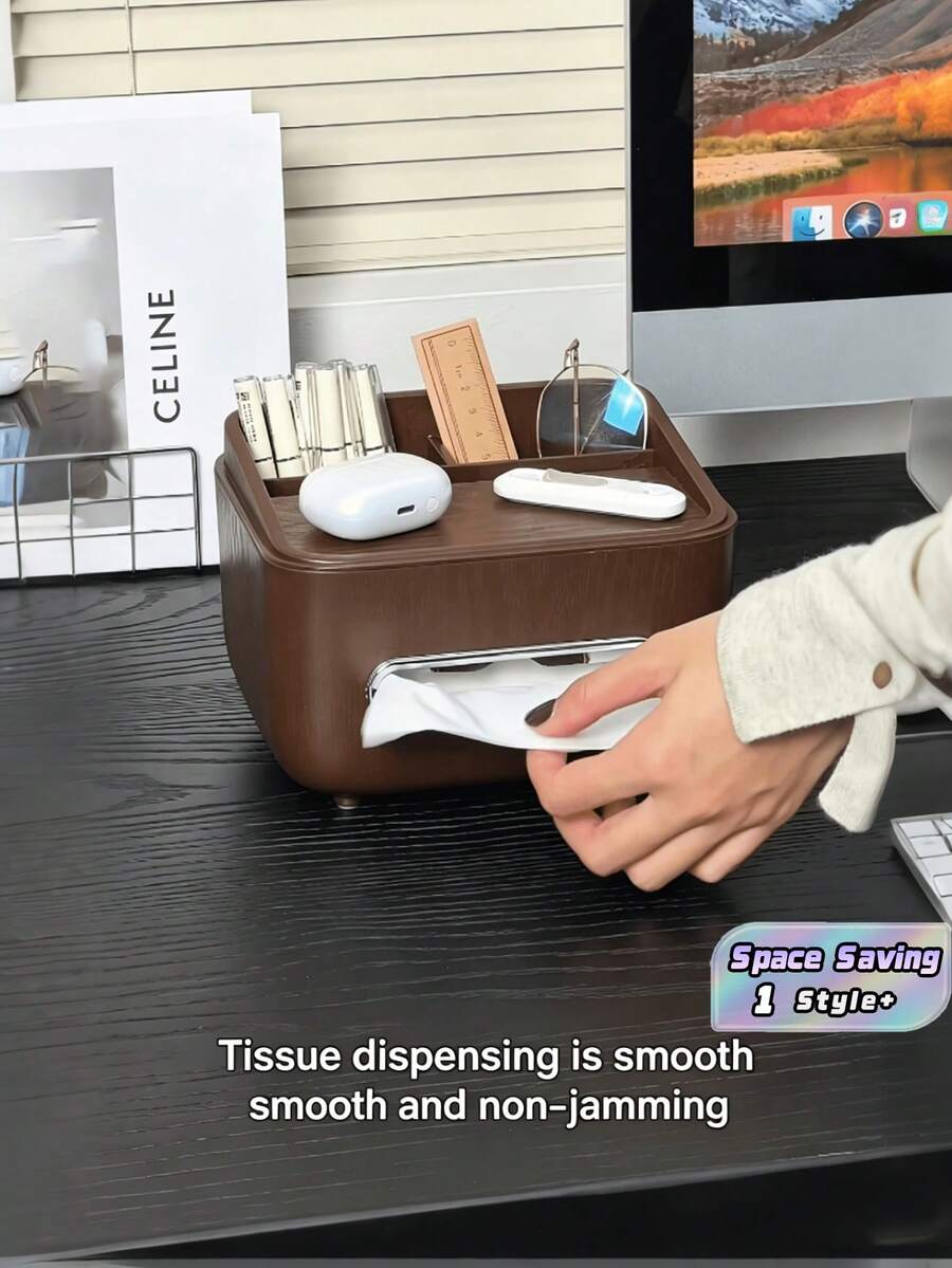 1PC Multifunctional Tissue Box Napkin Dispenser With Pen Stand And Storage Rack Remote Control Organizer For Living Room Bedroom Bathroom Dining Room Coffee Table Office Desk Easter Christmas Holiday Home Essential Must Have - Black walnut - View 1