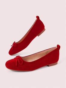 CUCCOO DOLLMOD Women's Red Suede Ballet Flats, Bow Square Toe, Sweet Date Vacation Elegant Casual Daily Style - Red - View 3