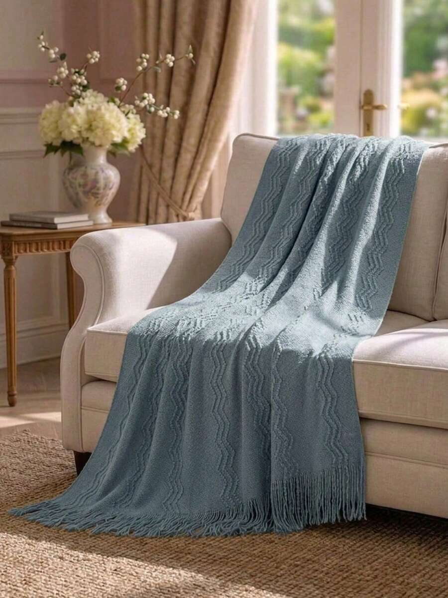 Cirelle Cozy Knitted Throw Blanket For Couch Sofa, Dusty Blue Decorative Blanket With Fringe Tassels, Texture Cable Knit Wave Pattern Throw For Chair Bed Living Room, Soft Light Weight Warm Decorative Home Decor - sky blue - View 1