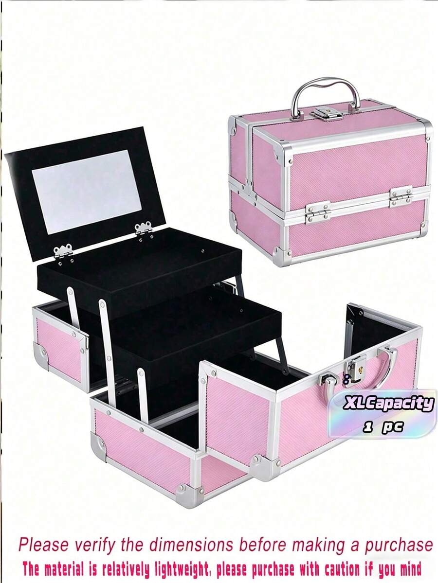 1Pc Cosmetic Storage Box, Portable Makeup Bag With Mirror, Large Capacity Waterproof Multi-Functional Travel Makeup Organizer For Cosmetics & Makeup Tools - Multicolor - View 1