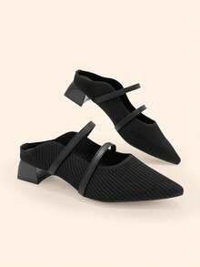 CUCCOO BASICS French Pointed Fabric Closed Toe Slippers Women's Summer Wear Double Thin Strap Thick Heel Sandals Knitted Mules Shoes Black Fall Shoes - Black - View 2