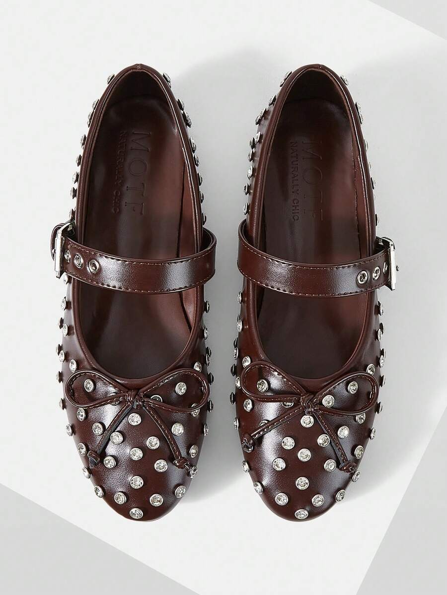 MOTF PREMIUM WOMEN'S FASHION RHINESTONE RIVET BOW COFFEE FLAT BOTTOM ROUND TOE SHOES VERSATILE - Coffee 1 - View 2