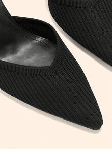 CUCCOO BASICS Ladies Pointed Kitten Heel Black Knitted V-Cut Striped Rear Elastic Band Ladies Rear Empty Shoes Daily Commute Elegant Breathable High Heels - Black - View 5