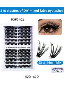 1 Pc,216 Custers Of DY Mixed False Eyelashes. Natural Soft Fluffy Eyelash Extension Kt 50D+60D. 8mm- 16mm Mixed Length Cluster Lashes Suitable For Party - D - View 1