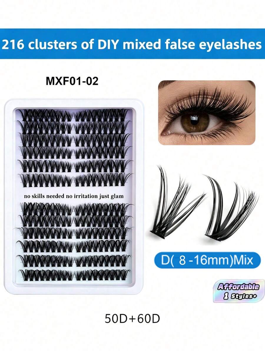 1 Pc,216 Custers Of DY Mixed False Eyelashes. Natural Soft Fluffy Eyelash Extension Kt 50D+60D. 8mm- 16mm Mixed Length Cluster Lashes Suitable For Party - D - View 1