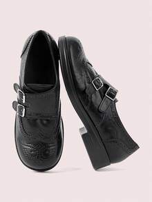 CUCCOO DOLLMOD Women Shoes British College Vintage Bimetal Buckle, Carved Round Toe, Loafers - Black - View 1