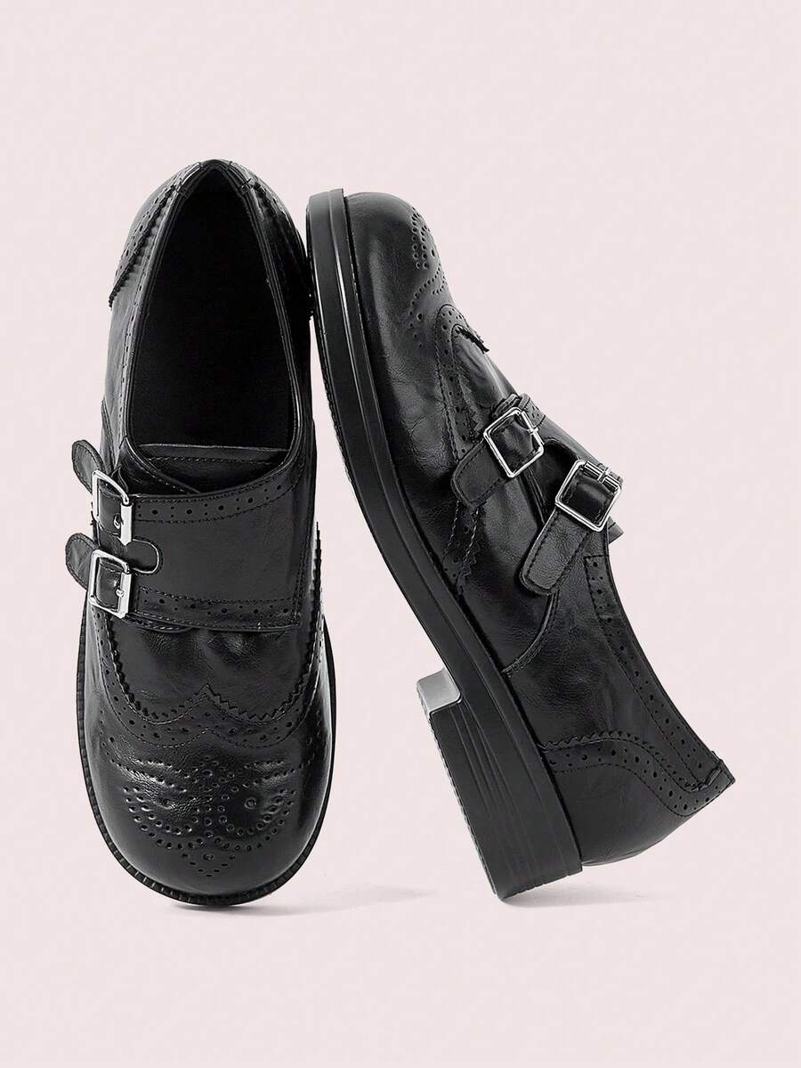 CUCCOO DOLLMOD Women Shoes British College Vintage Bimetal Buckle, Carved Round Toe, Loafers - Black - View 1
