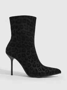 CUCCOO SZL Leopard Print Pointed-Toed Thin-Heeled Short Boots For Women, Rear Zipper High-Heeled Slim Ankle Boots - Black leopard print booties - View 8