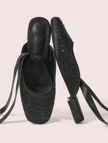 CUCCOO DOLLMOD Women's Rhinestone Ankle Wrap Tie Backless Slip On Flats Black Evening Casual Slide Sandals - Black - View 1