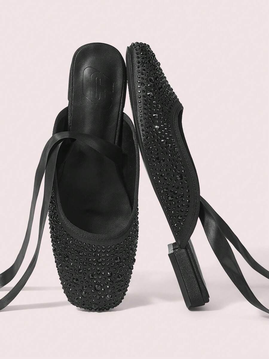 CUCCOO DOLLMOD Women's Rhinestone Ankle Wrap Tie Backless Slip On Flats Black Evening Casual Slide Sandals - Black - View 1