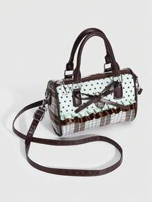 ROMWE 1 Piece Retro Star Polka Dot Handbag, Bow Love Pendant, Lace Decorative Cylinder Bag. - cyan - View 7