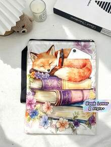 1PC Durable Polyester Zipper Book Sleeve With Outer Pocket Wrist Strap Washable Lightweight Watercolor Sleeping Fox Floral Book Stack Print Book Protector Pouch For Paperback Books Tablet Stationery Home Office Travel School Book Lovers - A - View 1