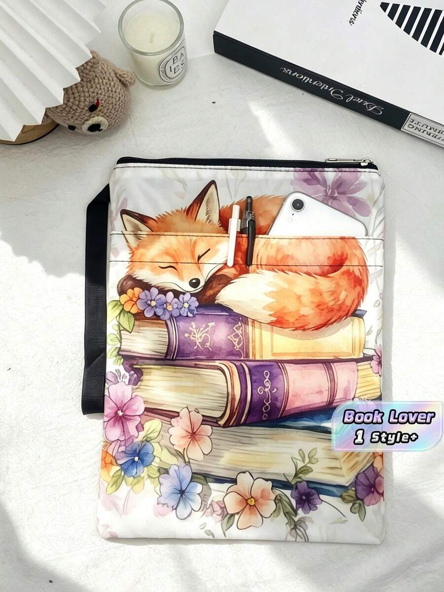 1PC Durable Polyester Zipper Book Sleeve With Outer Pocket Wrist Strap Washable Lightweight Watercolor Sleeping Fox Floral Book Stack Print Book Protector Pouch For Paperback Books Tablet Stationery Home Office Travel School Book Lovers - A - View 1