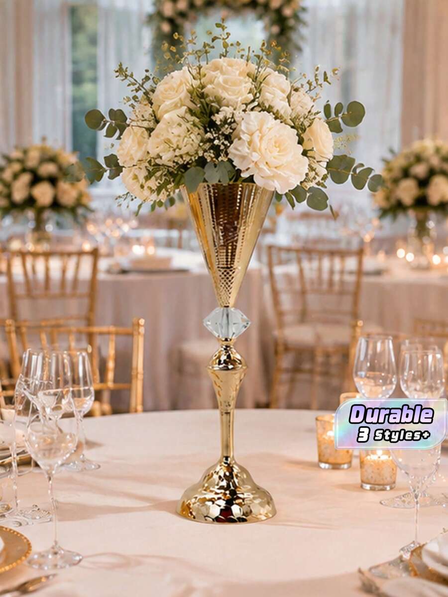 1件金色錘紋金屬錐形花瓶，高腳杯花架附水晶裝飾，婚禮桌面中心裝飾，3種尺寸可選：小號、中號、大號 - H - 查看 1