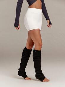 GLOWMODE Extra Cozy Over-The-Knee Stirrup Leg Warmers With Slouchy Fit & Metallic Logo Daily Casual Fall Winter Wear - Black - View 7