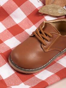 SHEIN Boys' PU Oxford Shoes, Round Toe Lace-Up Flat Shoes - Brown - View 6