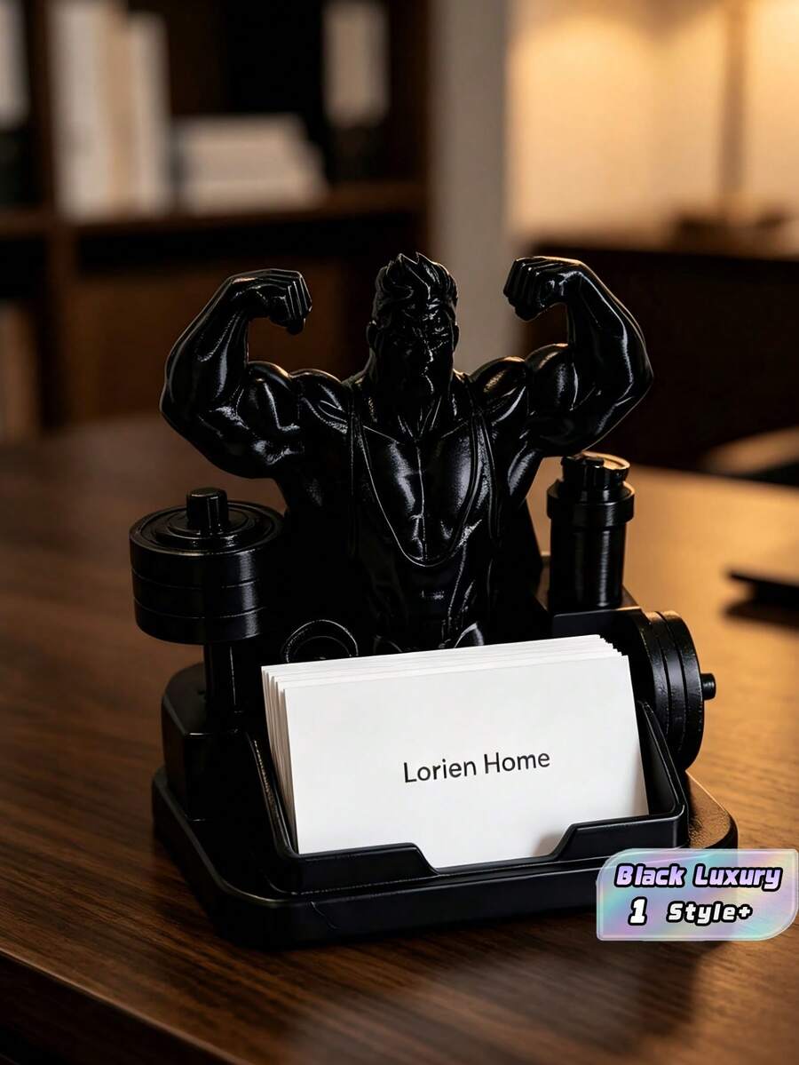 1PC 3D Printed Muscle Man Fitness Bodybuilder Sculpture Business Card Holder Desktop Organizer Stand Black Luxury Office Decor Gift For Men Gym Reception Desk Storage Rack - A - View 1