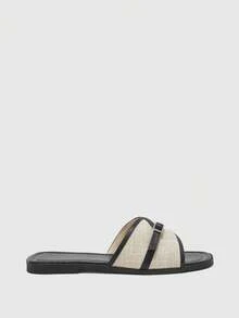 CUCCOO BIZCHIC Women's Black & White Contrast Linen Cross Strap Metal Buckle Square Toe Flat Slide Sandals, Summer Outdoor Beach Shoes - Black - View 2