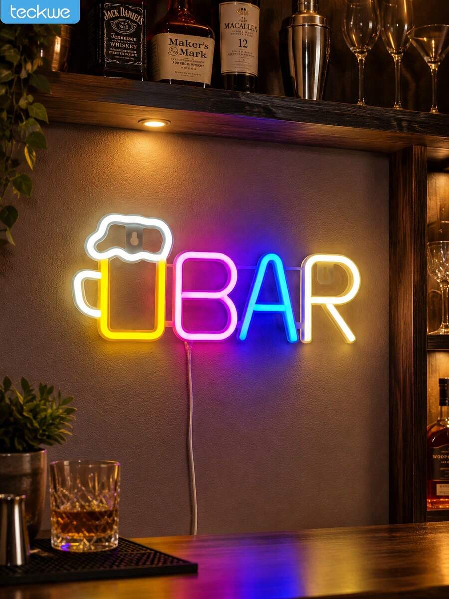 Teckwe Beer Mug Bar Neon Sign - LED BAR Letter Light With Beer Glass, USB Or Battery Operated, Tabletop & Wall Decor For Home Bar, Man Cave, Game Room, Kitchen, Pub, Birthday Party & Gift