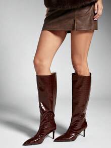 SHUZIA Sepatu Bot Wanita Hak Rendah Minimalis Dasar Nyaman untuk Sehari-hari, Bahan PU Cokelat, Cocok untuk Natal - Chocolate Brown - View 2