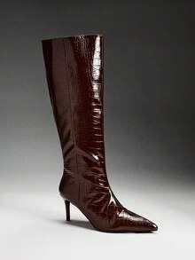 SHUZIA Sepatu Bot Wanita Hak Rendah Minimalis Dasar Nyaman untuk Sehari-hari, Bahan PU Cokelat, Cocok untuk Natal - Chocolate Brown - View 5