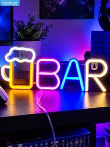 Teckwe Beer Mug Bar Neon Sign - LED BAR Letter Light With Beer Glass, USB Or Battery Operated, Tabletop & Wall Decor For Home Bar, Man Cave, Game Room, Kitchen, Pub, Birthday Party & Gift - Wine glass BAR-pink and blue warm - View 5