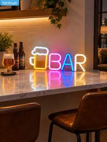 Teckwe Beer Mug Bar Neon Sign - LED BAR Letter Light With Beer Glass, USB Or Battery Operated, Tabletop & Wall Decor For Home Bar, Man Cave, Game Room, Kitchen, Pub, Birthday Party & Gift - Wine glass BAR-pink and blue warm - View 4