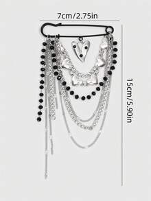 Viva Strut Bag Pendant, Sweet And Cool, Spice Girl Y2K Style, Multi-Layer Tassel, Chain, Brooch, Silver Heart, Black Faux Pearl Pin Personalized, Pendant. - Silver - View 2