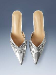 CUCCOO GRLICON Solid Color Pointed Wine Glass And Casual Commuting Silver PU Leather Women's High-Heeled Shoes Dating Afternoon Tea - Silver - View 1